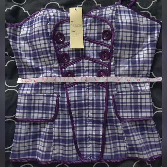 🆕 Katia purple checkered plaid academia cotton blend spaghetti strap top_M,L - Picture 14 of 15